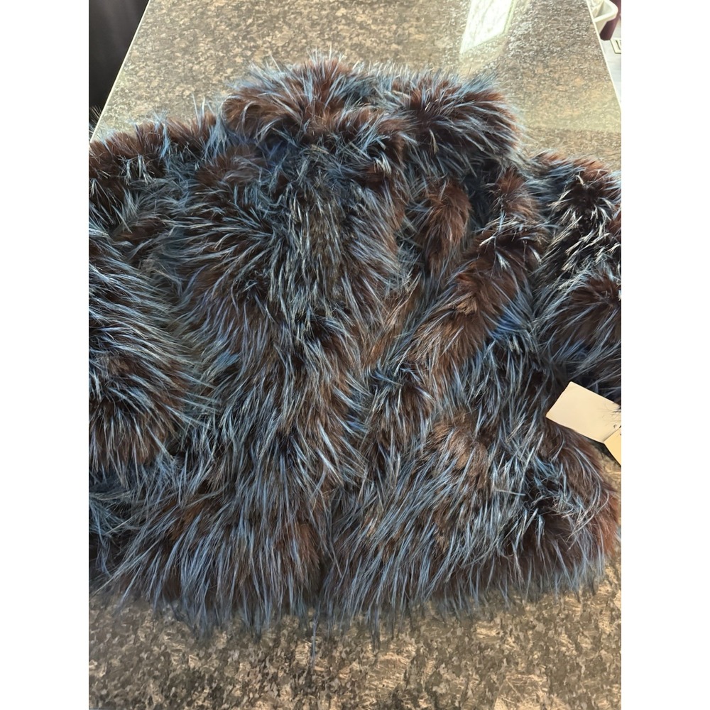 Women's Frisson Blue Black Long Hair Faux Fur Coat. NWT Size Large